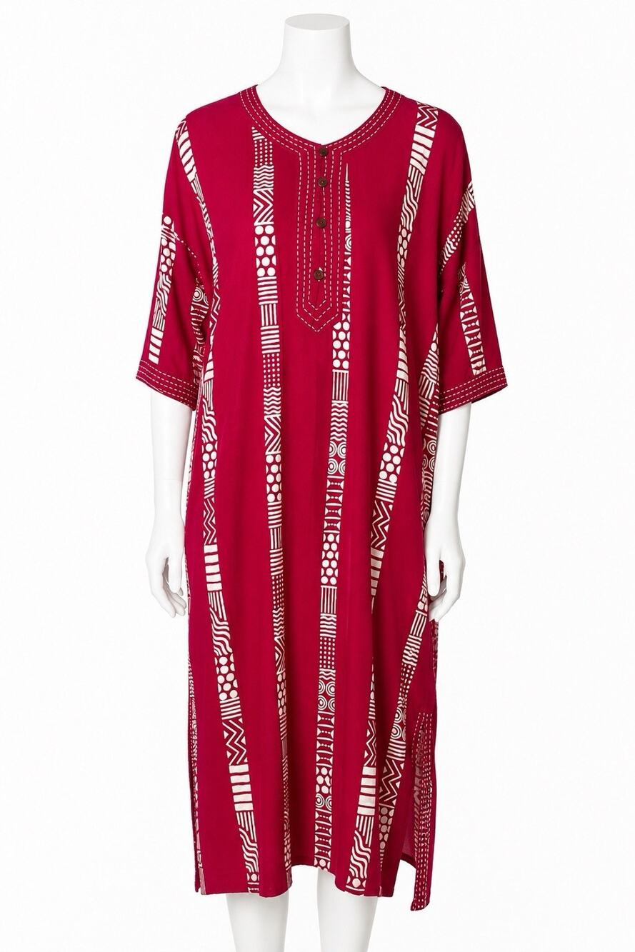 Gudrun Sjoden Organic Cotton Kaftan Dress Red Sz Medium Geometric Print Boho